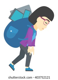 Woman with backpack full of devices.