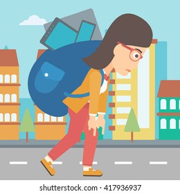 Woman with backpack full of devices.