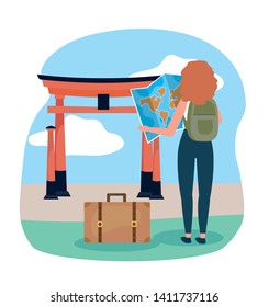woman with backpack and global map to tokyo sculpture destination