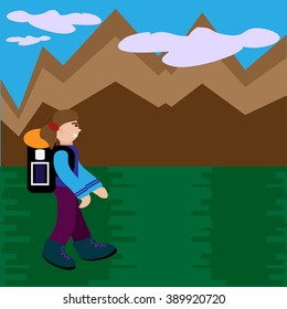 Woman With Backpack Hiking. Mountain Landscape. Flat Style Vector Illustration