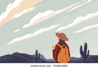 Woman with backpack looking into distance, enjoying serene desert landscape and sky with clouds. Relaxed tourist alone with nature. Colored flat vector illustration isolated on white background