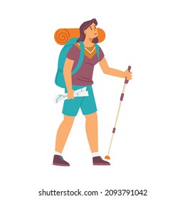 Woman with backpack and map hiking, flat vector illustration isolated on white background. Tourist with backpack female character walking along the route.