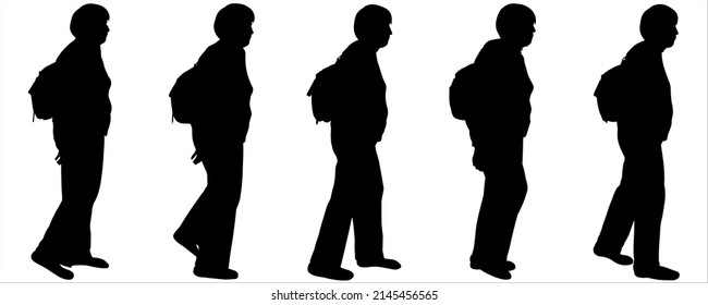 A woman with a backpack on her back. Travel in retirement. Women walk one after another in one line. Hiking. Sport. Tourists on a hike. Side view. Five black female silhouettes are isolated on a white