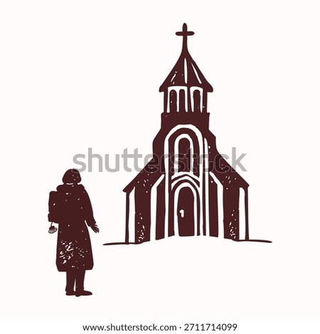 Woman with backpack and pilgrims shell on camino pilgrimage road. Simple black and white vector silhouette motif for christian travel, religious sanctuary concept and passport credencial for europe 
