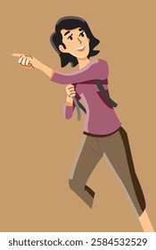 woman with backpack pointing direction with hand