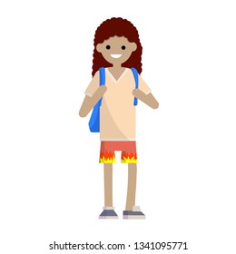 Woman with a backpack in shorts. Adult student in summer clothes. Funny Girl traveler. Vacation tour. Yellow t-shirt. Cartoon flat illustration