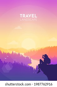 Woman with backpack sitting on a cliff. Vector polygonal landscape illustration, Minimalist style, Flat design. Travel concept of discovering, exploring, observing nature. Adventure tourism. Hiking