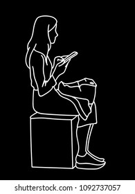 A woman with backpack sitting on cube, looking at mobile phone. Vector illustration of girl checking social networks. Concept. Sketch. Line art. White lines on black background. Virtual communication.