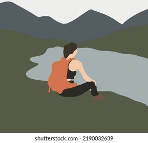 Woman with backpack sitting on top mountain. Enjoying  and relaxing the beauty landscape during hiking. Travel Destination Concept