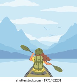 
Woman with a backpack swimming in canoe or kayak among the mountains. Tourist in water trip. Wild and water fun on summer. Vector illustration in a flat style