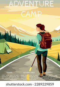 woman with a backpack to travel. vector illustration vertical poster with text. background illustration. camping with mountains and forest in the background