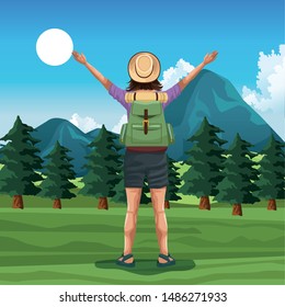 woman backpack traveler with arms up back cartoon in the nature landscape vector illustration graphic design.