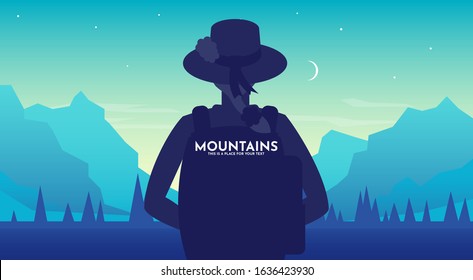 Woman with backpack, traveller or explorer wearing a hat at night standing and looking on valley. Concept of discovery, exploration, hiking, adventure tourism and travel. Flat vector illustration.