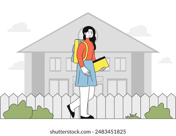 Woman with backpack. Young girl walks with book in her hand and bag. Schoolgirl walk to school, student walk to university or college. Linear flat vector illustration isolated on white background