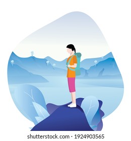 Woman as Backpacker standing on the hill. Concept for Hiking. Flat style vector illustration isolated on white background, suitable for wallpaper, banner, book illustration. Travelling hiking.