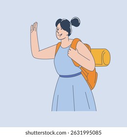 Woman Backpacker Waving Hello – Outdoor Adventure and Travel Illustration