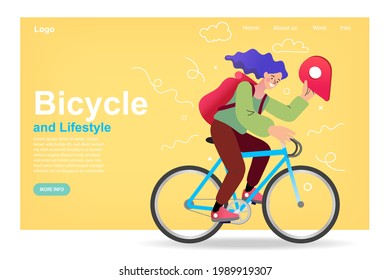 Woman with backpacks traveling on bikes. Modern design for travel, active lifestyle. Courier riding bike and checking address on phone. Cycle ride touring vector illustration