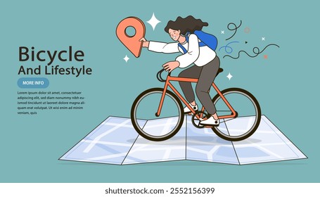 Woman with backpacks traveling on bikes. Riding on a map. Modern design for travel, active lifestyle. Courier riding bike and checking address on phone. Cycle ride touring vector illustration