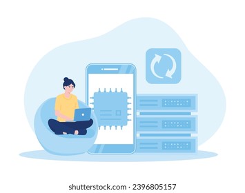 woman backup big data with laptop trending concept flat illustration