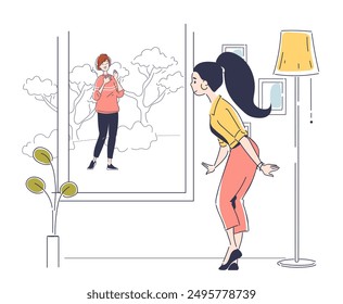 Woman at backyard. Young girl looks out window at her friend. Walk at terrace, garden or patio. People in good weather outdoors. Linear vector illustration isolated on white background