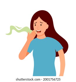 Woman with bad breath in flat design on white background. Smelly mouth concept vector illustration.