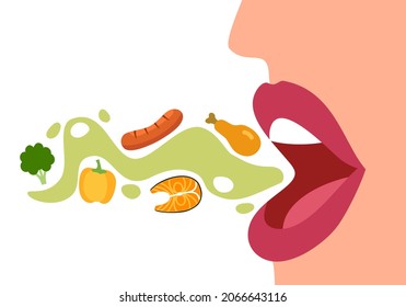 Mujer con mal aliento en diseño plano sobre fondo blanco. La boca maloliente con la ilustración del vector alimentario.