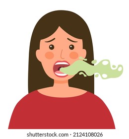 Woman with bad breath in flat design on white background. Smelly mouth concept vector illustration.