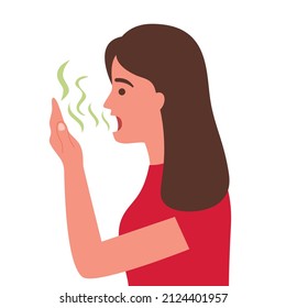 Woman with bad breath in flat design on white background. Smelly mouth concept vector illustration.