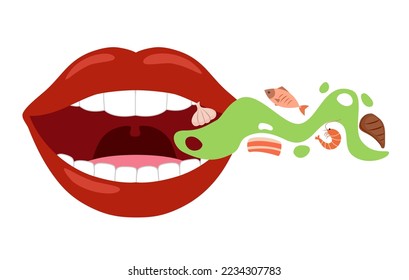 Woman with bad breath in flat design on white background. Smelly mouth with food vector illustration.