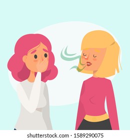 Woman with bad breath talking to a friend vector isolated. Stinky smell from the mouth. Problem with health.