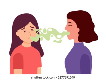 Woman With Bad Breath Talking With Her Colleague In Flat Design On White Background. Smelly Mouth Concept Vector Illustration.