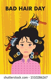 Woman With Bad Dry Hair On Yellow Background. Vector Illustration.