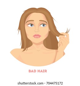 Woman with bad dry hair on white background.