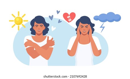 Woman in bad and good mood. Girl in stress of premenstrual syndrome and calm state of mind. PMS, mental health problems. Feelings, behavior expression. Various emotions and mood changes