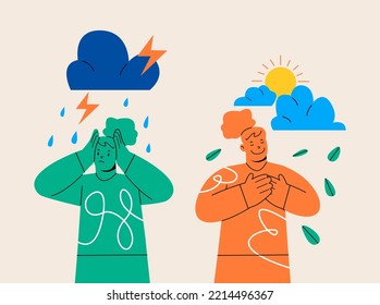 Woman in bad and good mood. Girl in stress of premenstrual syndrome and calm state of mind. Colorful vector illustration
