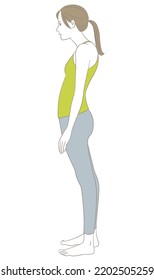 A woman with a bad posture standing with a stooped back and a curved waist