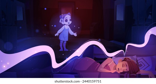 Woman bad sleep with nightmare dream in bed vector. Scary night monster ghost in restless young person imagination. Bedroom illustration for halloween or haunted phobia. Unsafe creature in bubble