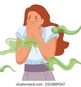 Woman bad smell. Girl cover nose and mouth from disgusted smelly odor, female disgust expression to unpleasant scent of fart stinky breath sweat or toxic smoke vector illustration of smell girl