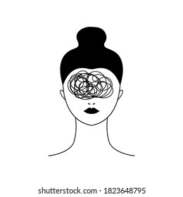 Mujer con malos pensamientos y problemas. Ilustración lineal de la ansiedad y la depresión. Cabeza femenina con maraña de preocupaciones