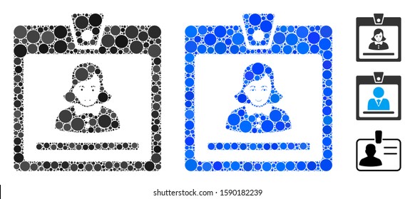 Woman badge composition of spheric dots in variable sizes and color tinges, based on woman badge icon. Vector dots are united into blue illustration.
