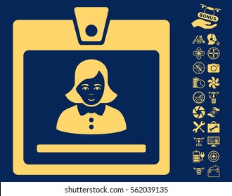 Woman Badge icon with bonus nanocopter service symbols. Vector illustration style is flat iconic yellow symbols on blue background.