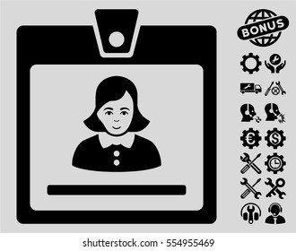 Woman Badge pictograph with bonus options pictograph collection. Vector illustration style is flat iconic black symbols on light gray background.