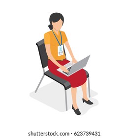 Woman with badge sits on chair and works at laptop isolated on white background. Vector illustration of work process. Business woman use modern technologies to do her job more comfortable and faster.