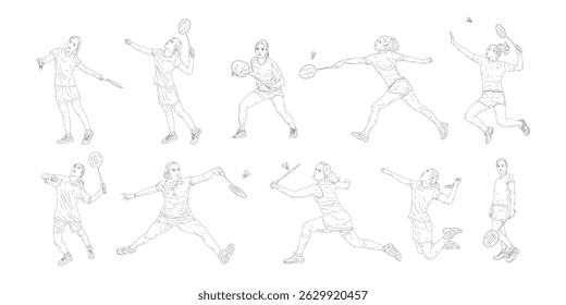 Mulher Badminton Jogadores em Linha de Ação Desenho Ilustrações Estilo Vetor.