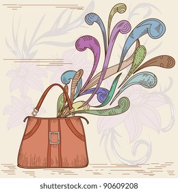 Woman bag with abstract elements on floral background. Vector illustration.