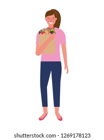 woman with bag grocery healthy food