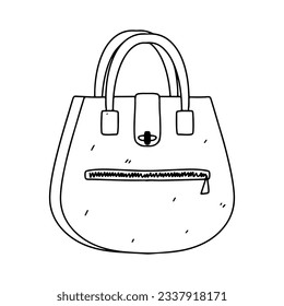 Woman bag hand in hand drawn doodle style. Female stylish purse vector fashion illustration black on white background.