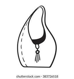 Woman bag hand drawn, female stylish purse vector fashion illustration black on white line 