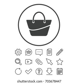 Woman bag icon. Female handbag sign. Glamour casual baggage symbol. Document, Chat and Paper clip line signs. Question, Pencil and Calendar line icons. Star, Download and Shopping cart. Vector