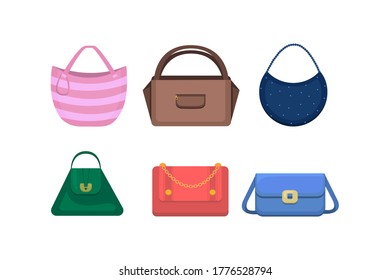 Woman bag icons set. Different fashion handbags isolated on white background. Women's handbag collection summer accessory.